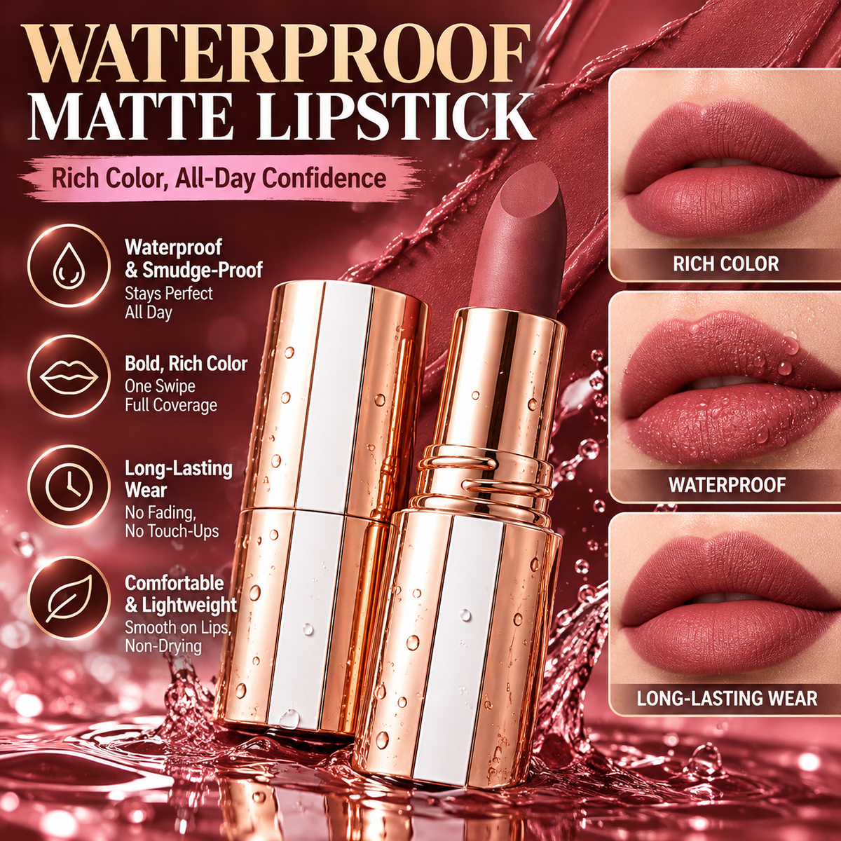 24H Long‑Lasting Matte Lipstick – Smudge‑proof, transfer‑resistant, vibrant colour.