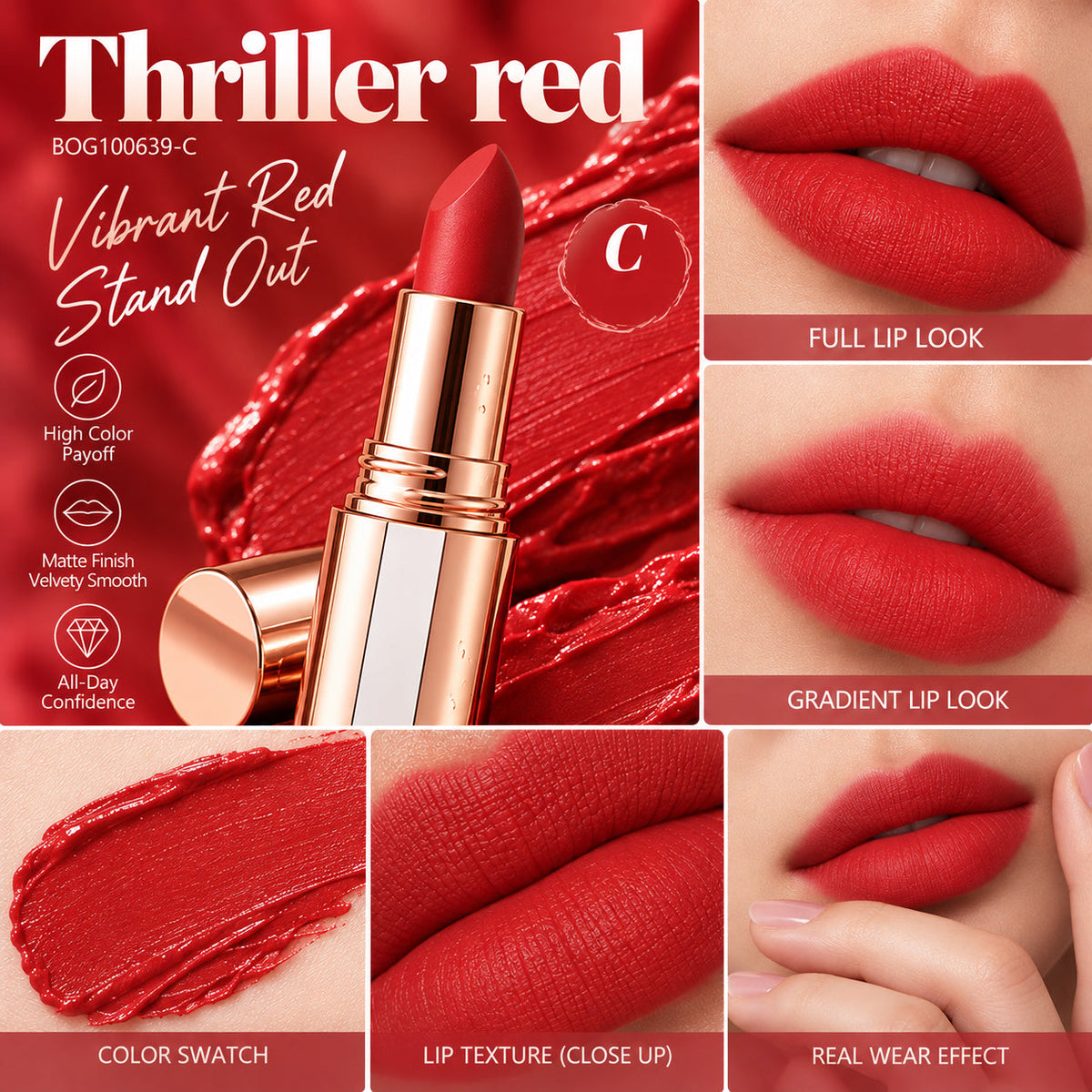 24H Long‑Lasting Matte Lipstick – Smudge‑proof, transfer‑resistant, vibrant colour.